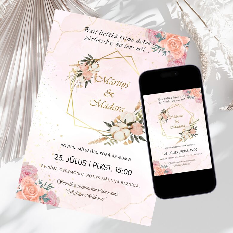 Digitāls kāzu ielūgums rozā un zelta toņos ar ziediem